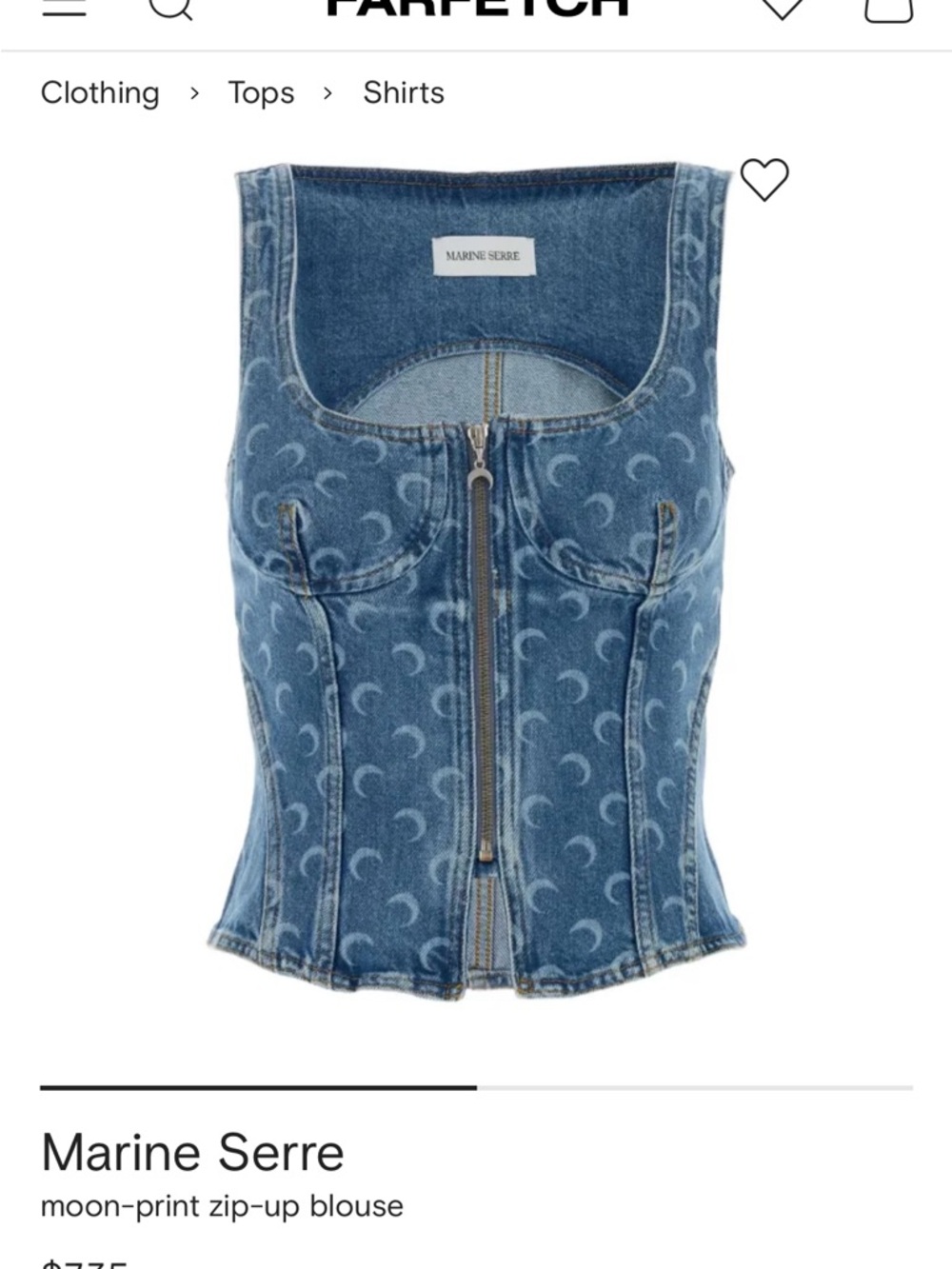 Marine Serre Blue Denim Moon-Print Zip Corset Top